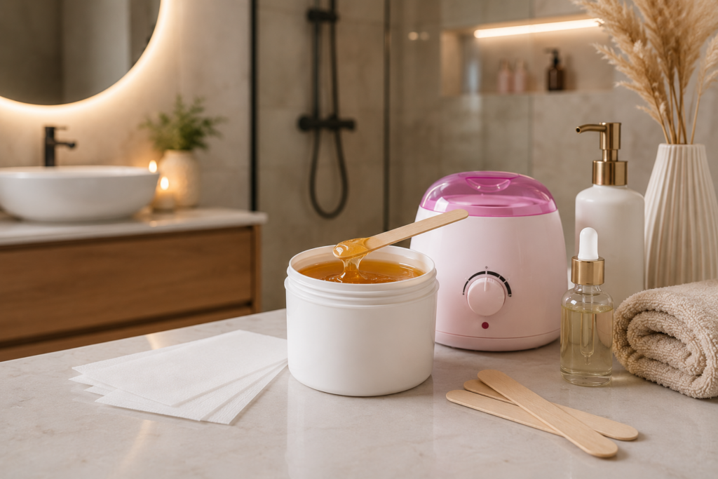 Warmwachs-Set mit Waxing-Zubehör und Pflegeprodukten in einem modernen Badezimmer zur Intimenthaarung