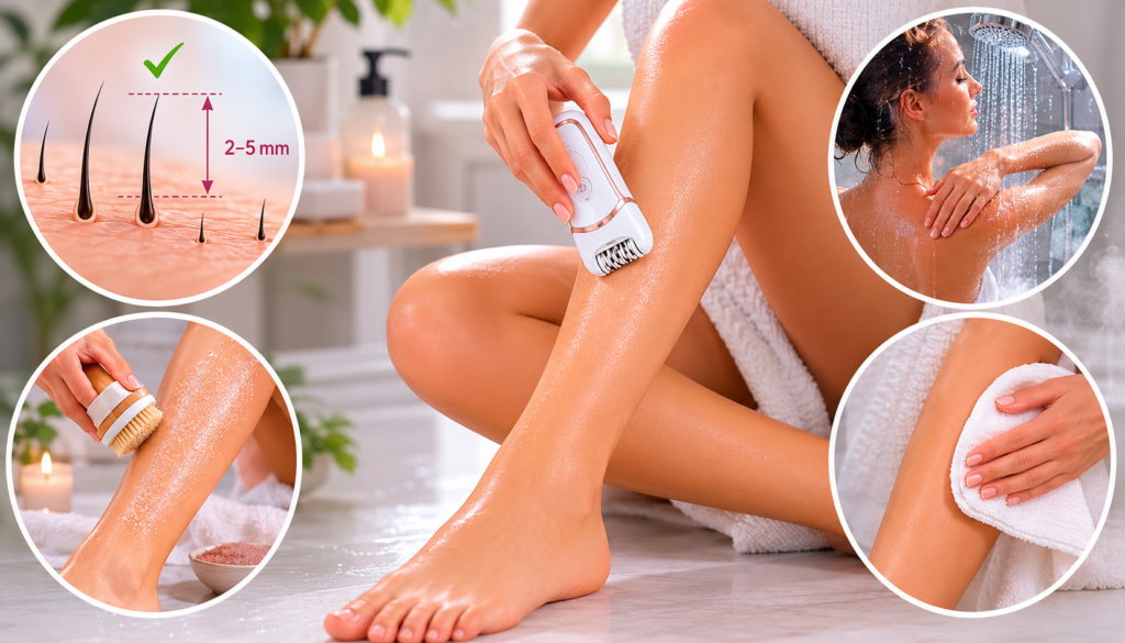 Frau bereitet ihre Haut mit Peeling und warmer Dusche auf das Epilieren der Beine vor