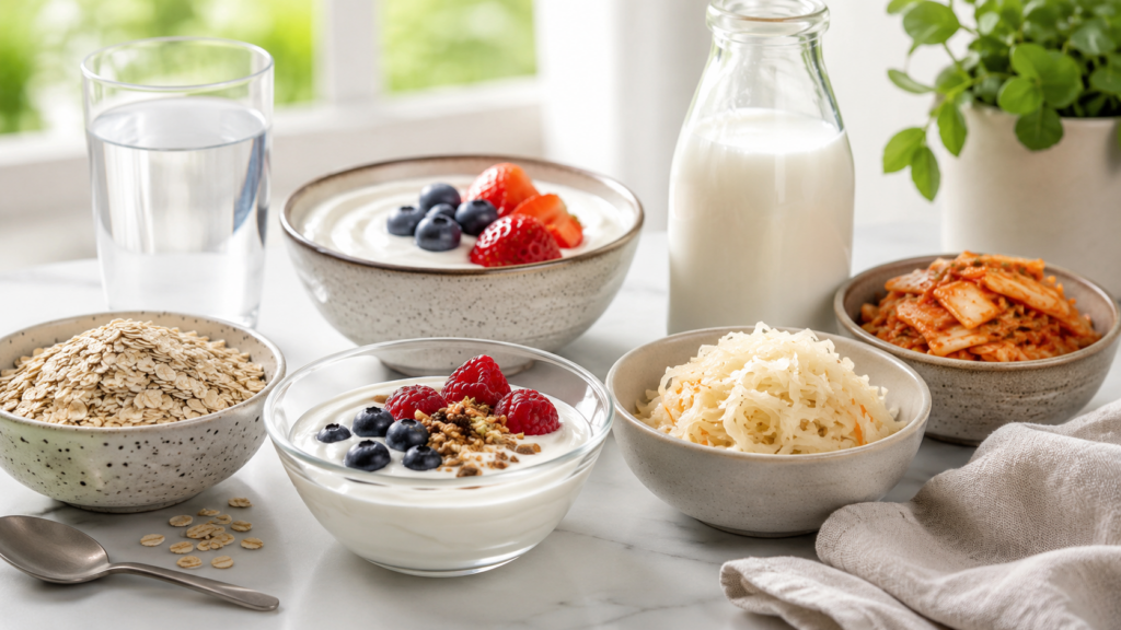 Frühstücksstillleben mit Joghurt, Beeren und probiotischen Lebensmitteln zur Unterstützung der Scheidenflora