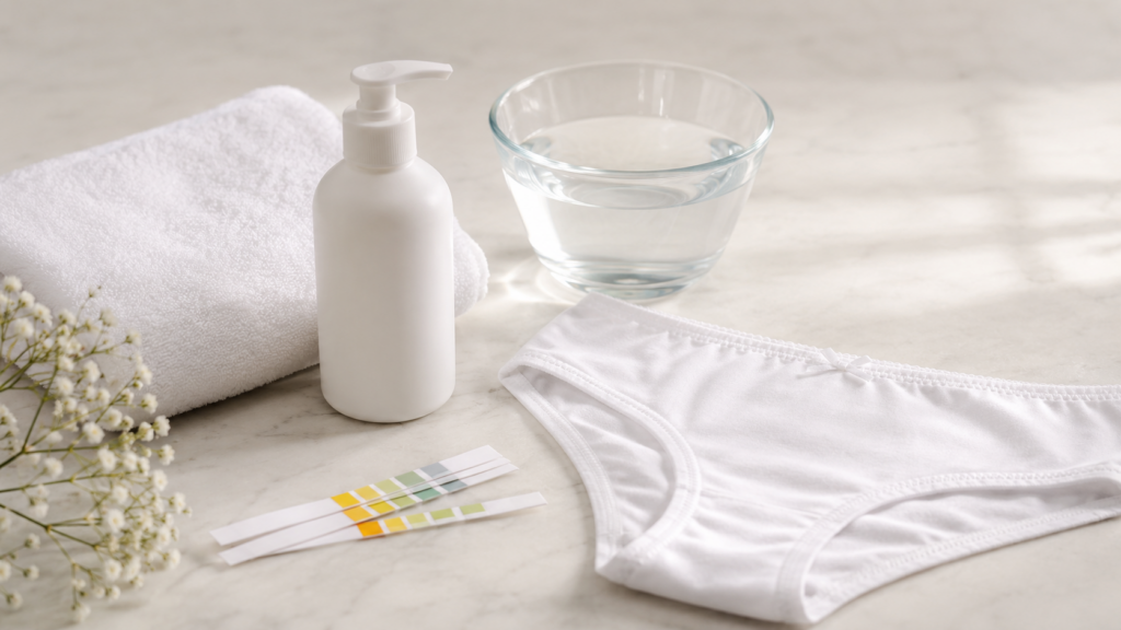 Sanfte Intimpflege mit pH-Teststreifen, Wasser und Baumwollunterwäsche auf heller Marmoroberfläche