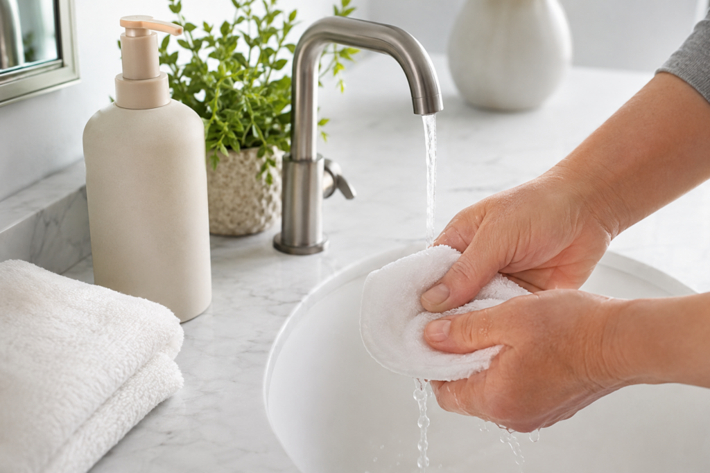 Hände befeuchten einen weichen Waschlappen unter laufendem Wasser im Badezimmer