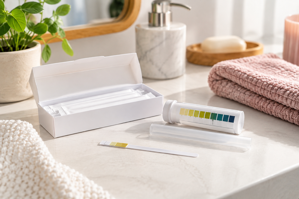 Vaginaler pH-Selbsttest mit Teststreifen und Farbskala im Badezimmer
