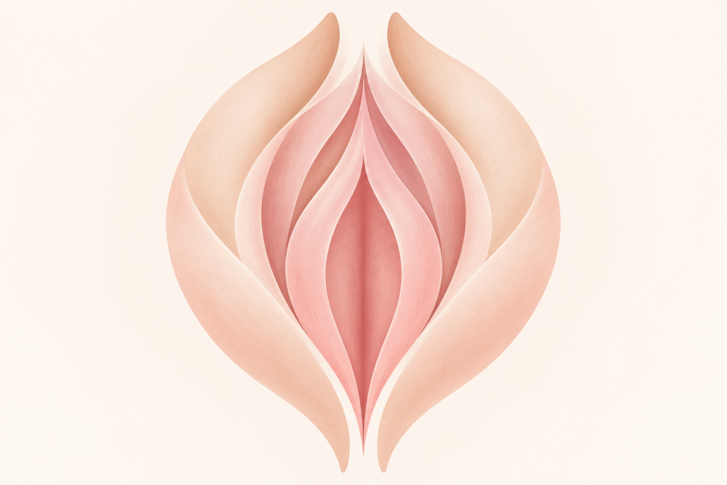 Abstrakte medizinische Symbolillustration in Rosé- und Beigetönen zum Thema geschwollene Schamlippe.